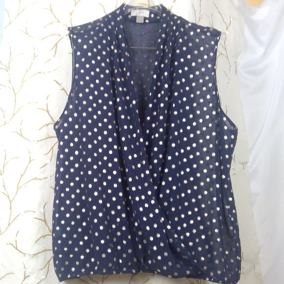 LOFT Tops - Loft Navy Blue|Gold Polka Dot Womans Blouse Sz XL